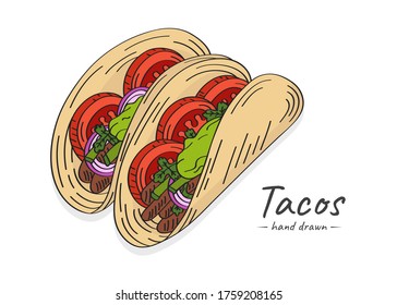 Vector hand drawn colorful tacos illustration with meat, tomato and guacamole sauce.