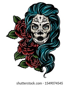 Vector hand drawn colorful tattoo illustration of skull girl with roses. Skull sugar flower. Skull tattoo isolated on white.Day Of The Dead Skull.