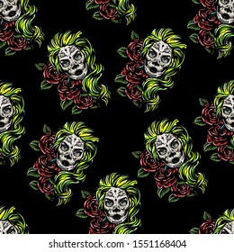 Vector hand drawn colorful tattoo seamless pattern of skull girl with roses. Skull sugar flower. Skull tattoo on black background.Day Of The Dead Skull.