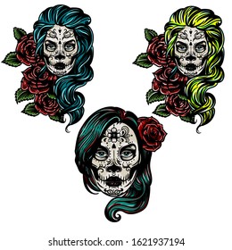 Vector hand drawn colorful tattoo illustration of skull girl with roses. Skull sugar flower. Skull tattoo isolated on white.Day Of The Dead Skull.