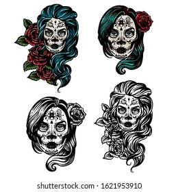 Vector hand drawn colorful tattoo illustration of skull girl with roses. Skull sugar flower. Skull tattoo isolated on white.Day Of The Dead Skull.