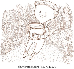 vector hand drawn coloring illustration. Small boy on fantastic meadow