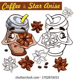 Vector hand drawn coloring page for children with chartoon character cup of coffee with spice star anise. Illustration for kids menu. Mascot for print. 