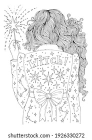 Vector hand drawn coloring page modern city witch back in a jacket with stars. Woman sorceress with long wavy hair holds a shining magic stick in her hand. Decorated graphic  illustration 