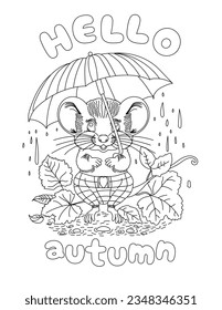 Vector hand drawn coloring page illustration for autumn celebration with cute mouse character