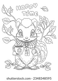 Ilustración de la página de color dibujada a mano vectorial para la celebración del otoño con un personaje de ardilla adorable