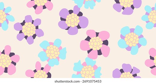 Vector Hand drawn colourful flowers, seamless patterns with floral, botanical for fabric, textiles, clothing, wrapping paper, backdrop, banner, illustration, abstract backgrounds.
