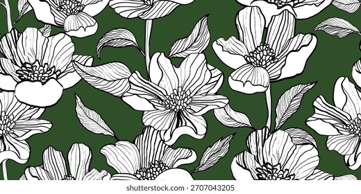 Vektor Handgezeichnete bunte Blumen, nahtlose Muster mit floralen, botanischen für Stoff, Textilien, Kleidung, Umschlagpapier, Hintergrund, Banner, Illustration, abstrakte Hintergründe.

