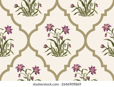 Vector Dibujado a mano flores geométricas coloridas, patrones sin costuras con flores para la tela, textiles, ropa, papel de regalo, telón de fondo, Anuncio, ilustración, fondos abstractos.
