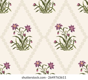 Vetor Mão desenhado colorido flores geométricas, padrões sem costura com floral para tecido, têxteis, roupas, papel de embrulho, pano de fundo, banner, ilustração, fundos abstratos.

