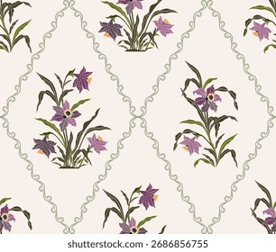 Vector Dibujado a mano flores geométricas coloridas, patrones sin costuras con flores para la tela, textiles, ropa, papel de regalo, telón de fondo, Anuncio, ilustración, fondos abstractos.
