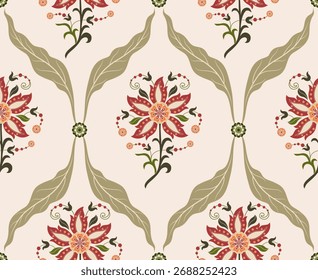 Vector Dibujado a mano de flores geométricas coloridas Motivos boho africano paisley, patrones sin costuras con tela floral para el patrón étnico indio, textiles, ropa, papel de embalaje, telón de fondo, Anuncio.
