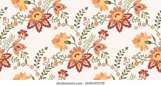 Vector Dibujado a mano de flores geométricas coloridas Motivos boho africano paisley, patrones sin costuras con tela floral para el patrón étnico indio, textiles, ropa, papel de embalaje, telón de fondo, Anuncio.
