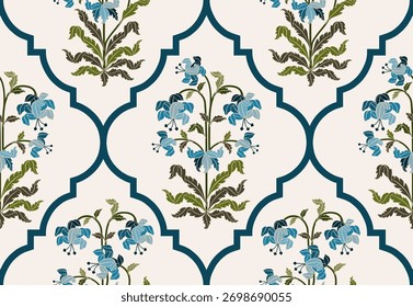 Vektor Handgezeichnete bunte geometrische Blumen Motive African boho paisley, nahtlose Muster mit Blumen für Stoff Ethnic Indian Pattern, Textilien, Kleidung, Umschlagpapier, Kulisse, Banner.
