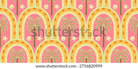Vector Hand drawn colourful geometric flowers, palm tree, seamless patterns for fabric tropical Pattern, textiles, clothing, wrapping paper, backdrop, banner.
