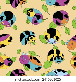 Vector hand drawn colourful lil’ ladybugs with their own big personalities on light yellow background