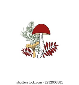 Vector hand drawn composition with mushroom and autumn leaves. Suitable for postcards, wedding invitations, scrapbooking, prints.