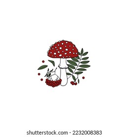 Vector hand drawn composition with mushroom and autumn leaves. Suitable for postcards, wedding invitations, scrapbooking, prints.