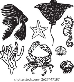 Vector hand drawn composition with sea creatures. Set of silhouettes and outline illustrations