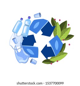 Vector hand drawn concept with blue recycling arrow symbol, bottles, green leaves and plastic bag. Ecological composition in flat style.
