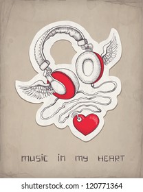 Vector hand drawn concept illustration. Headphones with wings and heart