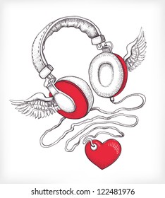 Vector hand drawn concept illustration. Headphones with wings and heart