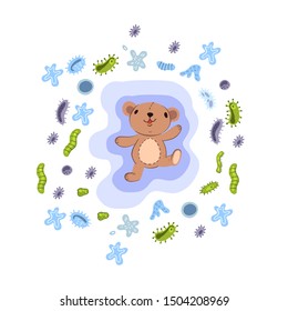 Vector hand drawn concept of immune system with cute bear surrounded by viruses and bacteria. Kids poster for hospitals illustrating vaccination results. Isolated on white.
