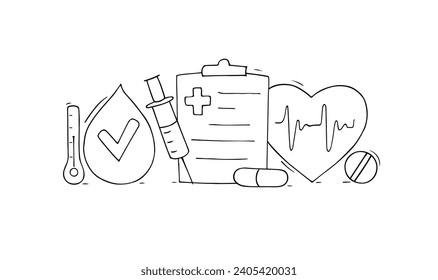 Concepto extraído por vectores - Informe médico, historial médico o prescripción de medicamentos. Ilustración de caricatura con documento de papel en el portapapeles, donante, paciente, símbolo cardíaco.