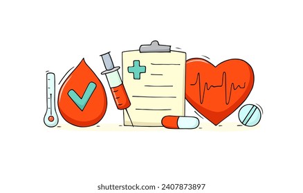 Vector hand drawn concept - Medical report, health record or prescription for medicines. Cartoon illustration with paper document on clipboard, donor, patient, heart symbol.