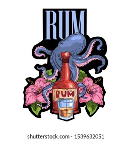 Vector hand drawn concept for rum bottle label with octopus, tropical flowers and glass. Colorful sticker in engraving vintage style for tattoo, sticker, etc.