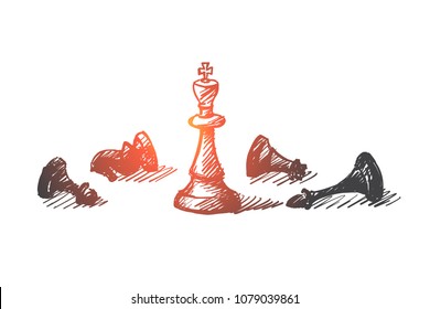 Vector hand drawn concept sketch of whipped chessmen and standing King in center