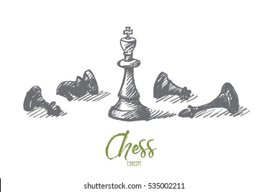 Vector hand drawn concept sketch of whipped chessmen and standing King in center with lettering