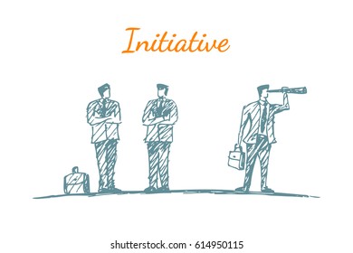 Vector hand drawn concept sketch. A man looks in a telescope. Colleagues talk nearby. Lettering initiative.