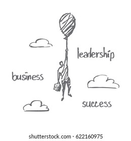 Vector hand drawn concept sketch. Business man takes off in a hot air balloon in the sky. The sky with clouds. Lettering business, leadership, success.