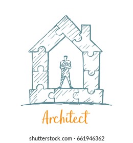 Vector hand drawn concept sketch. The man was collecting puzzles. Puzzles form the shape of the house. Lettering architect.