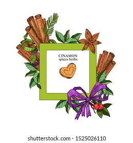 Vector hand drawn concept “Cinnamon Spice and Herbs” with sticks, leaves, ribbon, anise stars, fir branches and heart-shaped cookie in the frame.