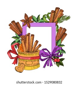 Vector hand drawn concept “Cinnamon Spice and Herbs” with sticks, leaves, ribbon, anise stars, fir branches and heart-shaped cookie.