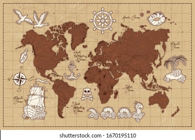 Vector hand drawn concept vintage world map  Old traveler map  Each object can be changed   moved for your design 