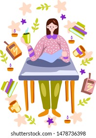 Vector hand drawn concept of young girl seating at the table drinking tea and reading the book. Surrounded by the stars, books, cups, candles, leaves
