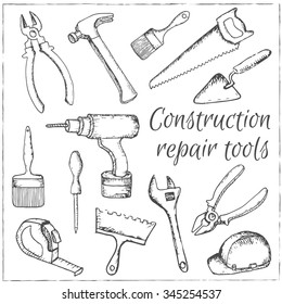 Vector hand drawn construction and repair tools set .