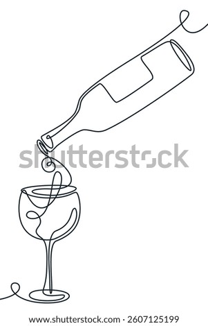Vector hand drawn continuous line illustration of wine pouring from bottle into glass. Abstract monoline logo sign emblem. Concept for wine list, menu, label or packaging design