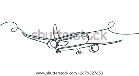 Vector hand drawn continuous line illustration of plane. Abstract monoline design for air travel, tourism flight, plane tickets booking