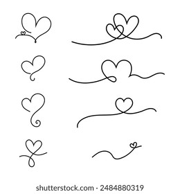 Vector hand drawn continuous lines with hearts.