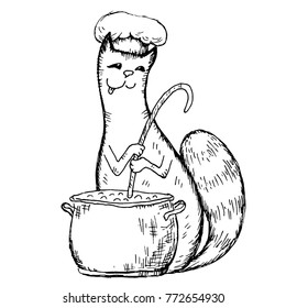 Vector hand drawn contour of cartoon cooking cat