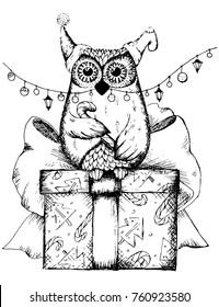 Vector hand drawn contour of christmas owl with garland and gift box
