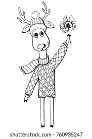 Vector hand drawn contour of christmas deer with sparkler