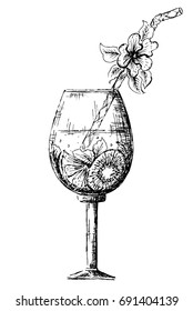 vector hand drawn contour of glass with tropical cocktail
