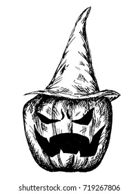 vector hand drawn contour of halloween pumpkin in hat