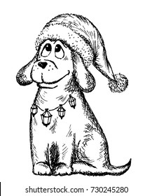 vector hand drawn contour of happy christmas dog