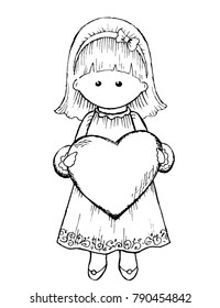 Vector hand drawn contour of little baby girl holds heart